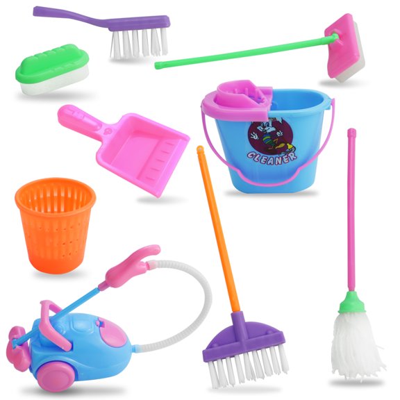 LYTIVAGEN 9 PCS Miniature Dollhouse Accessories Miniature Mop, Dustpan, Bucket, Brush Housework Cleaning Tools Mini 1:12 Scale Dollhouse Garden Accessories Kid Play House Accessory for Children Gifts