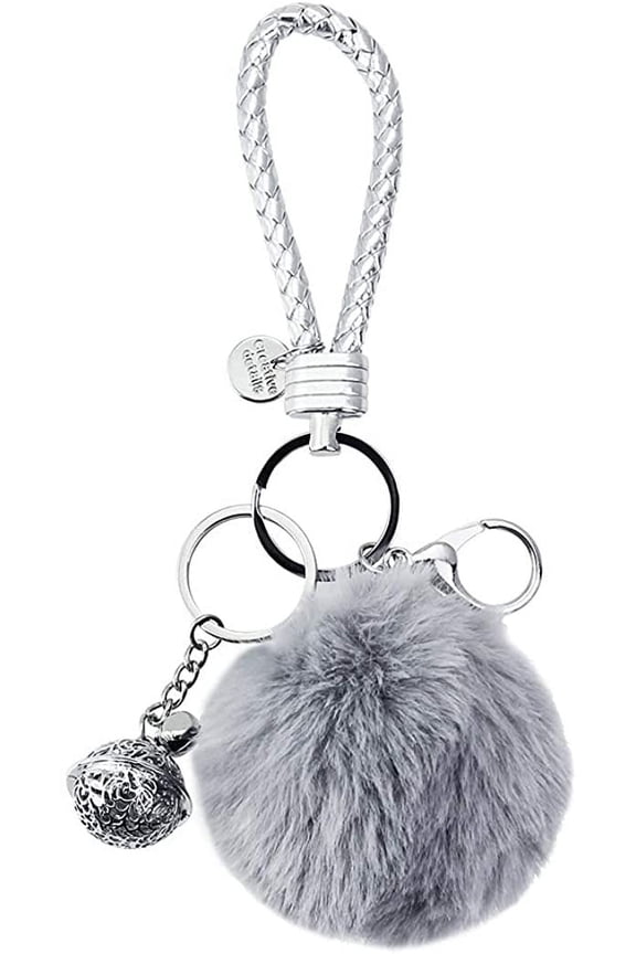 Key Chain Key Ring Accessory Fluffy Car Keyring Plush Pendant Artificial Fur Ball with a Pretty Silver Bell for Women Key Ring Holder (Grey)