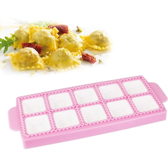 LYTIVAGEN Mould for Round Ravioli 10 Square Ravioli Press Italian Ravioli Mould Ravioli Mould Tray and Roller for Making Ravioli, Pie, Dumplings, Pasta or Cookies (Pink, 26.5 * 10.5 * 2 cm)