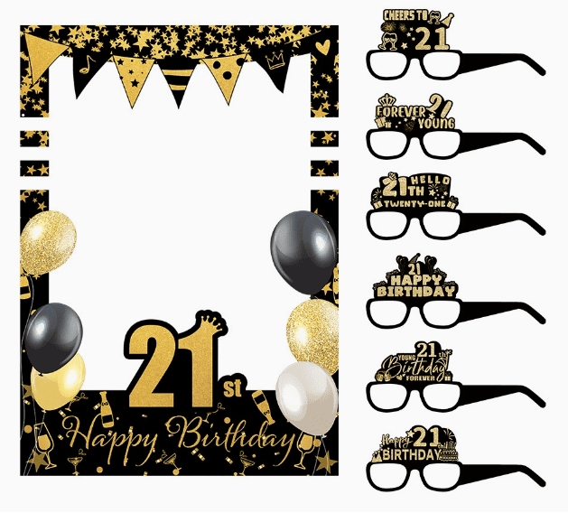 LYTMENT 1 Set Birthday Party Photo Booth Props 21th Birthday Party Paper Glasses with Selfie Frame for 21th Birthday Party Favor Supplies