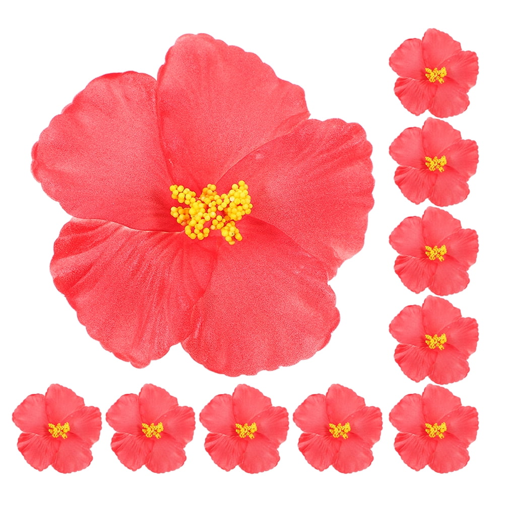 20 Red Faux Hibiscus Flowers – Hawaiian Party Decor, DIY Tabletop Flowers, No Clip Included