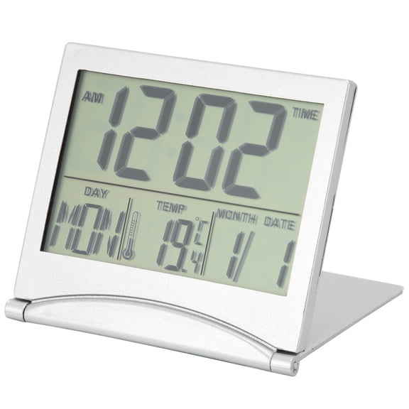 LYUMO Foldable Digital Clock with Calendar, Temperature, Timer, LCD Display, Battery Operated, Silver