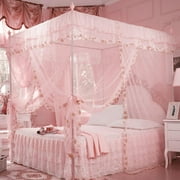 LYUMO Luxury Princess Mosquito Netting, 3 Side Openings Post Bed Curtain Canopy Netting Mosquito Net Bedding Pink/Yellow