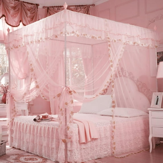 LYUMO Luxury Princess Netting, 3 Side Openings Post Bed Curtain Canopy Netting Net Bedding Pink/Yellow