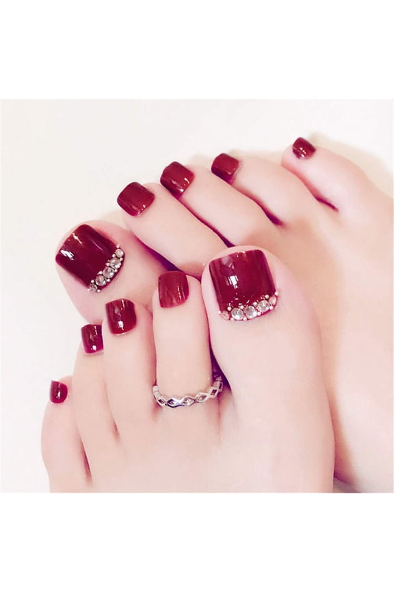 Press on Toenails Red Fake Toenails Glitter Rhinestone Toe Nails for Women Glossy Toe Nail Tips Glue on ToeNails (24Pcs)