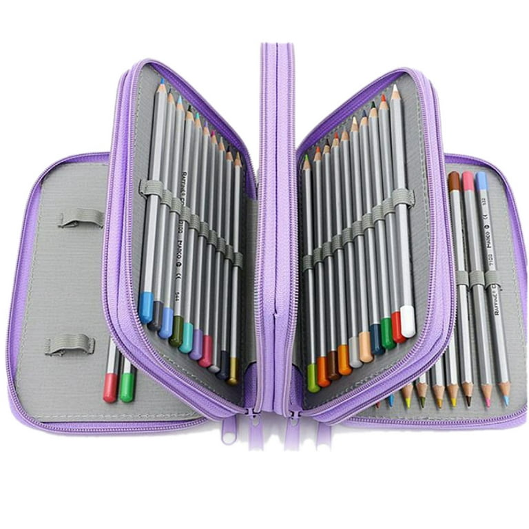 Lyumo Square Four-layer 72 Holes Sketch Art Drawing Pencil Case Organizer Pure Color Pen Bag, Purple