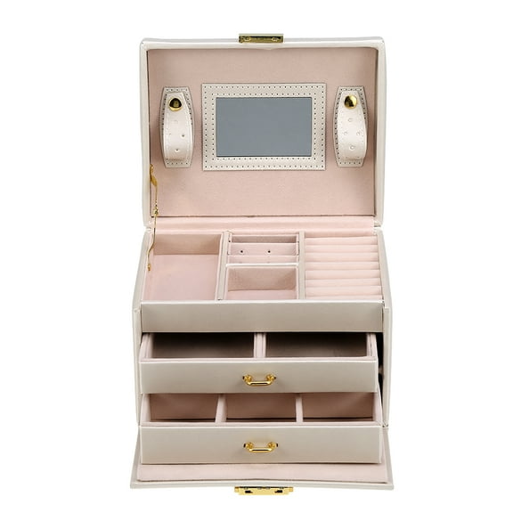 LYUMO Three Layer Jewelry Storage Box, Earring Necklace Bracelet Storage Case PU Display Organizer Box Cabinet Women Gifts (Red/White/Black)