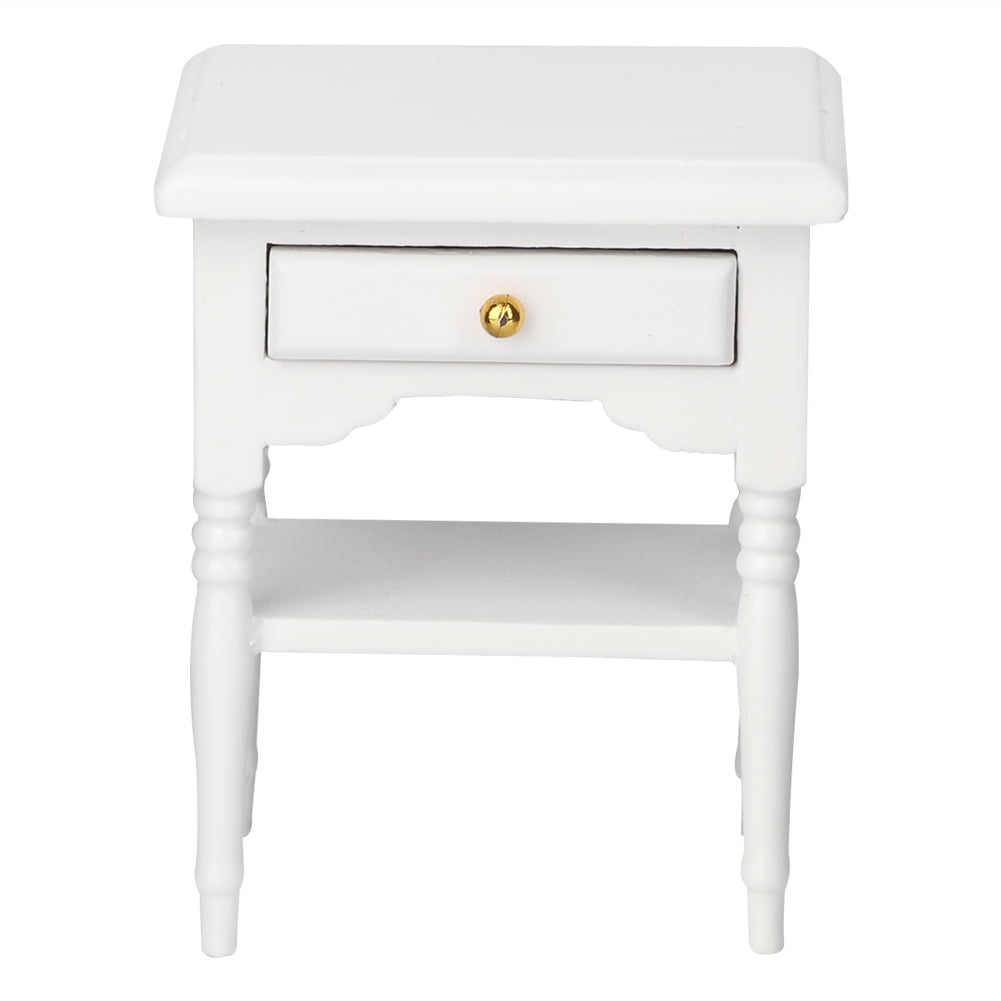 LYUMO Wood Bedside Table,1:12 White Mini Bedroom Furnishing Articles Wooden Bedside Table Model