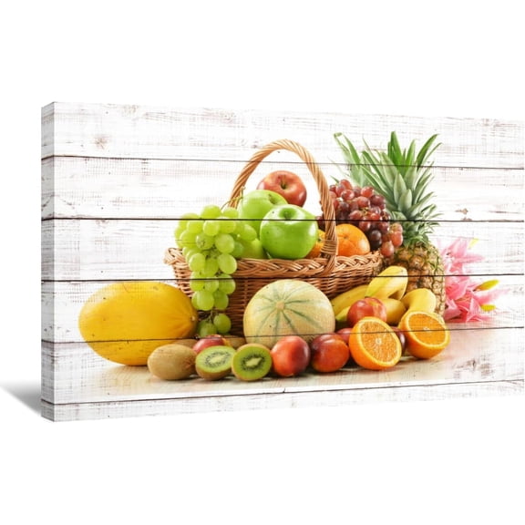 LYUNSHUO Kitchen Canvas Wall Art Fruits Picture Colorful Fresh Food in Bamboo Basket Painting Wood Background Poster Vintage Paintings Prints Home Decor Frame (16.00" x 24.00")