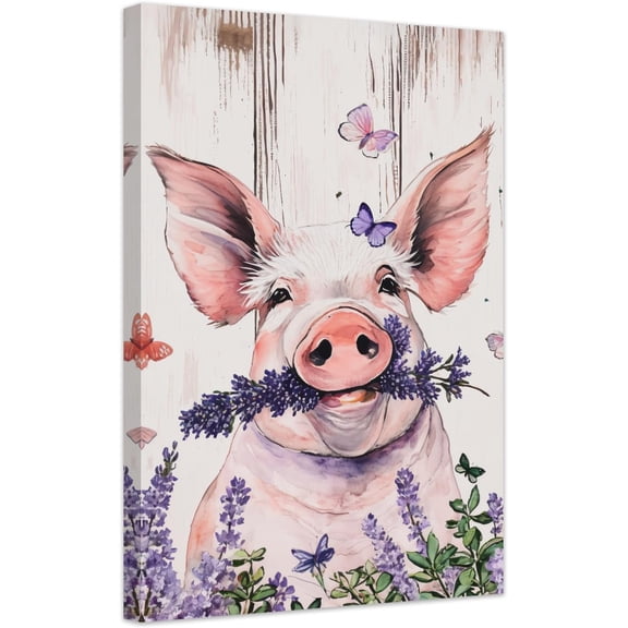 LYUNSHUO Pig Posters Canvas Wall Art Pig Picture With Lavender and Butterflies Farm Animal Illustration Wall Decor Country Farmhouse Art Decor Framed (24.00" x 36.00")
