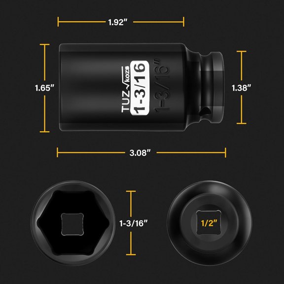LYUSCI-1/2 Inch Drive 1-3/16 Inch Deep SAE Impact Socket, CR-MO, 6 Point Radius Corner Design, Square Chamfered Opening, Axle Nut Impact Grade Socket for Easy Removal