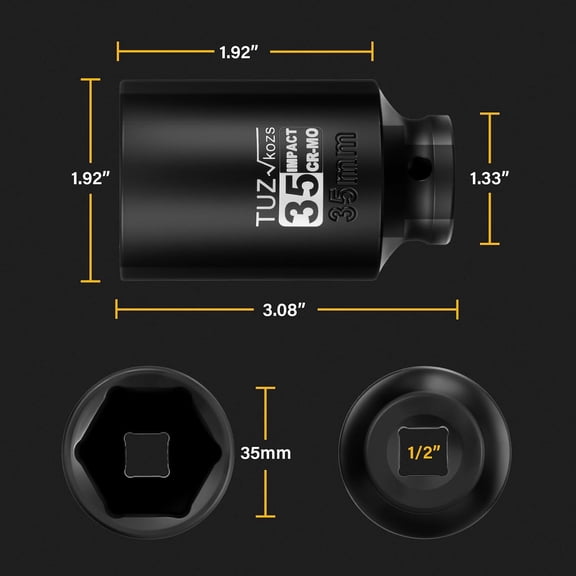 LYUSCI-1/2 Inch Drive 35mm Deep Metric Impact Socket,CR-MO,6 Point Radius Corner Design,Square Chamfered Opening,Axle Nut Impact Grade Socket for Easy Removal