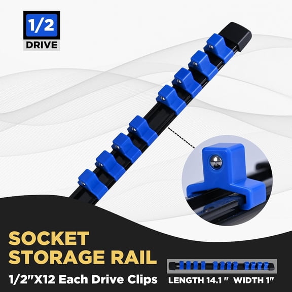 LYUSCI-1/2-Inch Drive Heavy Duty Socket Holder Kit ABS, Socket Rail 12 Clips Blue, 3 Pieces