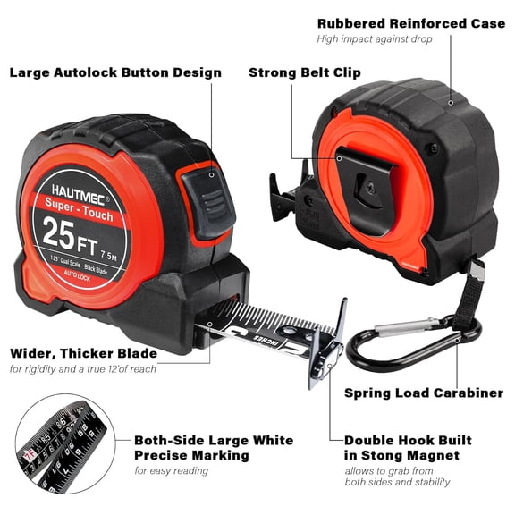 LYUSCI-1.25 Wide Blade Heavy Duty Tape Measure 25 ft for Construction Contractor Carpenter, Retractable Easy Read Tape Measure Nylon Coated Blade,Auto Lock, Dual Magnetic Hook,HT0283