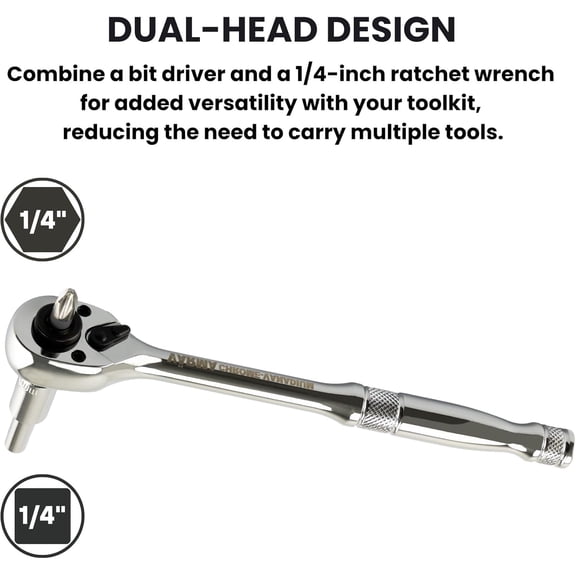 LYUSCI-1/4-Inch Drive Dual-Head Ratchet Handle | 72-Tooth Reversible Wrench & Bit Driver | 5 Swing Arc, High-Torque Design for Tight Spaces, CR-V Steel for Automotive & DIY Repairs