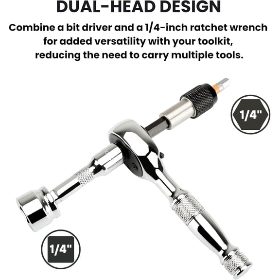 LYUSCI-1/4-Inch Dual-Head Stubby Ratchet Handle | 72-Tooth Reversible Wrench & Bit Driver | Compact, High-Torque, CR-V Steel for Tight Spaces & Automotive Repairs