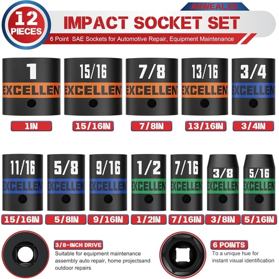 LYUSCI-12 Pieces 3/8-Inch Drive Impact Socket Set, 5/16" to 1" Shallow Socket, 6 Point SAE Sockets for Automotive Repair, Equipment Maintenance