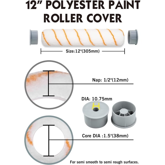 LYUSCI-12 inch Paint Roller Covers - 1/2" Nap Large Paint Roller Sleeves for Ceiling,Wall,Floor,Decks Painting (Pack of 3,Polyester)