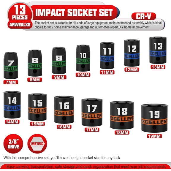 LYUSCI-13 Pieces 3/8-Inch Drive Impact Socket Set, 7-19mm Shallow Socket, 6 Point Metric Sockets for Automotive Repair, Equipment Maintenance