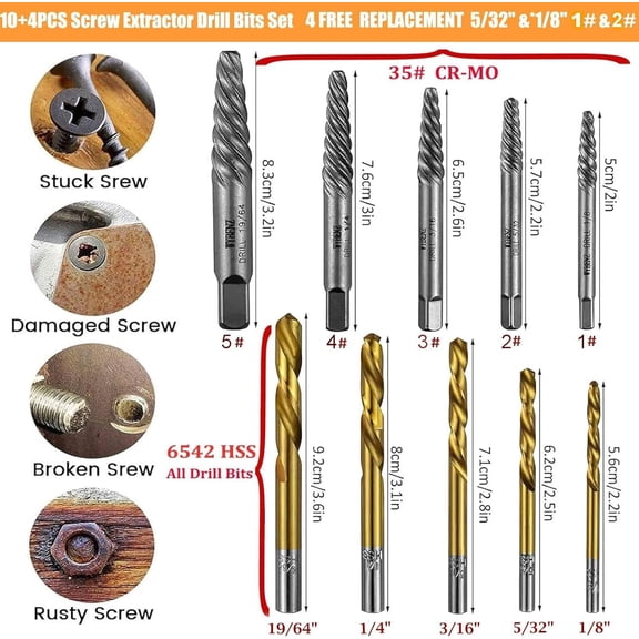 LYUSCI-14Pcs Screw Extractor and Left Hand Drill Bits Set, Easy Out Screw Extractor Set, Broken Bolt Extractor Kit Bolt Remover, Reverse Cobalt HSS Steel Drill Bit for Remove Stripped Screws and Brok