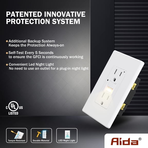 LYUSCI-15 Amp GFCI Outlet, Self-Test Nightlight Electrical Outlet, Tamper-Resistant Receptacle with LED Indicator, Ground Fault Circuit Interrupters, Wall Plate Included, UL Listed (1 Pack, Matte Whi