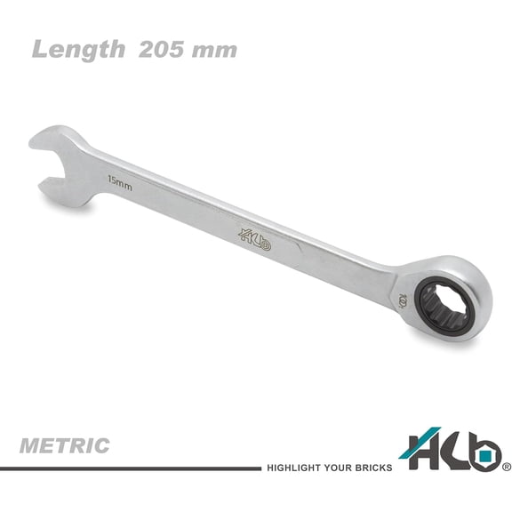 LYUSCI-15 mm 100-Tooth Ratcheting Combination Wrench WDM015-U | 12-Point Box End 3.6 Arc Swing | 15 Angled Head Pass-Through Design for Long Bolts Raised Panel Laser Marking Matte Finish Made in Ta