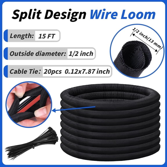 LYUSCI-15FT Split Braided Sleeve Cable Management, 1/2 Inch Wire Loom Tubing Cord Protector Self-Wrapping, Flexible Cable Sleeve Cord Management for Automotive TV Computer Electrical Cable Protection