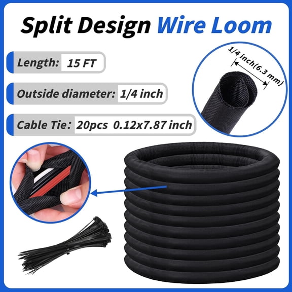 LYUSCI-15FT Split Braided Sleeve Cable Management, 1/4 Inch Wire Loom Tubing Cord Protector Self-Wrapping, Flexible Cable Sleeve Cord Management for Automotive TV Computer Electrical Cable Protection