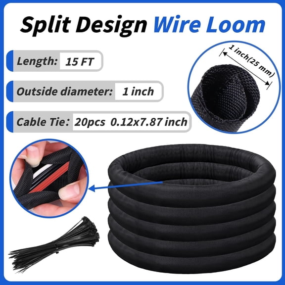 LYUSCI-15FT Split Braided Sleeve Cable Management, 1 Inch Wire Loom Tubing Cord Protector Self-Wrapping, Flexible Cable Sleeve Cord Management for Automotive TV Computer Electrical Cable Protection