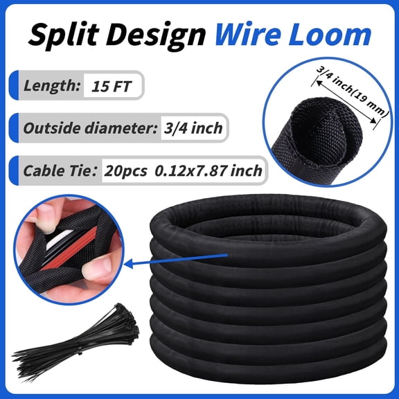 LYUSCI-15FT Split Braided Sleeve Cable Management, 3/4 Inch Wire Loom Tubing Cord Protector Self-Wrapping, Flexible Cable Sleeve Cord Management for Automotive TV Computer Electrical Cable Protection
