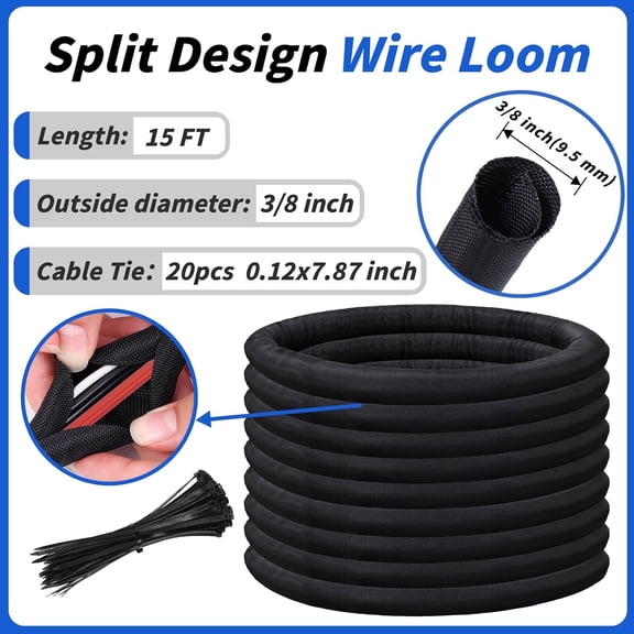 LYUSCI-15FT Split Braided Sleeve Cable Management, 3/8 Inch Wire Loom Tubing Cord Protector Self-Wrapping, Flexible Cable Sleeve Cord Management for Automotive TV Computer Electrical Cable Protection