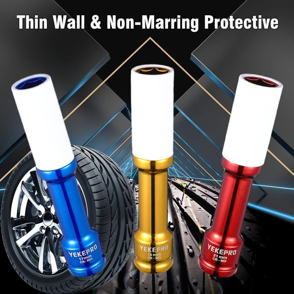 LYUSCI-19mm 6" Extra-long Thin Wall Wheel Protector Impact Deep Socket Set, Non-Marring Lug Nut Socket Set, 6 Point, W12003A-19