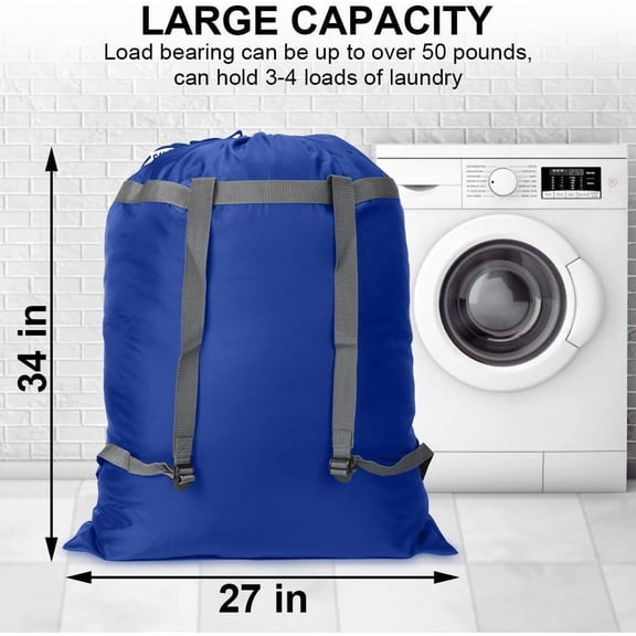 LYUSCI-2 Pack Laundry Bag Backpack, 27 x 34Sturdy Laundry Bag with Shoulder Straps Drawstring Closure Heavy Duty Foldable Laundry Backpack for College, Travel, Laundromat, Apartment (Blue)