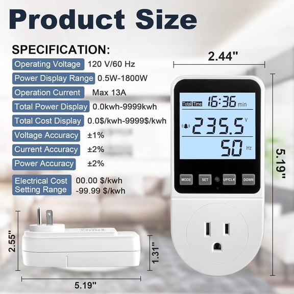 LYUSCI-2 Pack Upgraded Watt Meter, Power Meter Plug Electricity Usage Monitor, Home Energy Monitor Consumption, Meter Sockets with Backlight, Overload Protection, 8 Modes Display