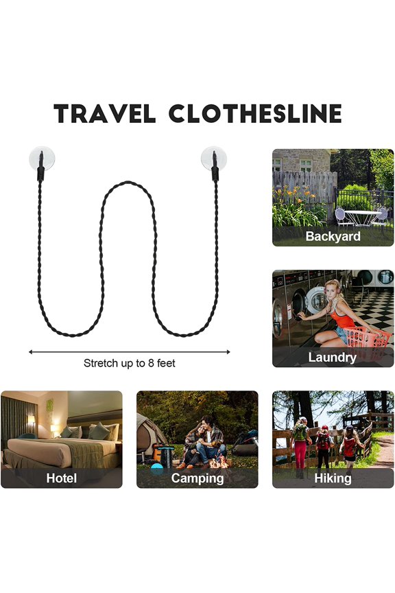 -2 Pieces Travel Clothesline Portable Retractable Clothesline with Hooks and Suction Cups Camping Accessories Cruise Essentials for Outdoor and Indoor Use (Black, Blue)