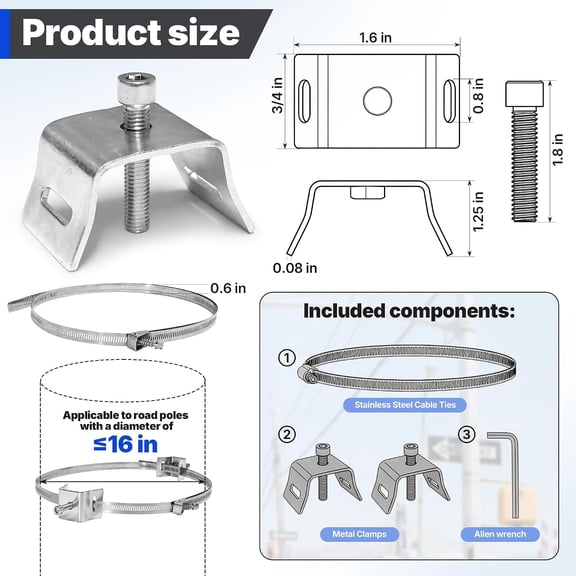 LYUSCI-2 Set Sign Mounting Brackets for 16" Pole, Street Sign Mounting Hardware Include Clamps, Stainless Steel Cable Ties & Wrench for Round Square Pole Rod & Expansion Tank Mounting Bracket