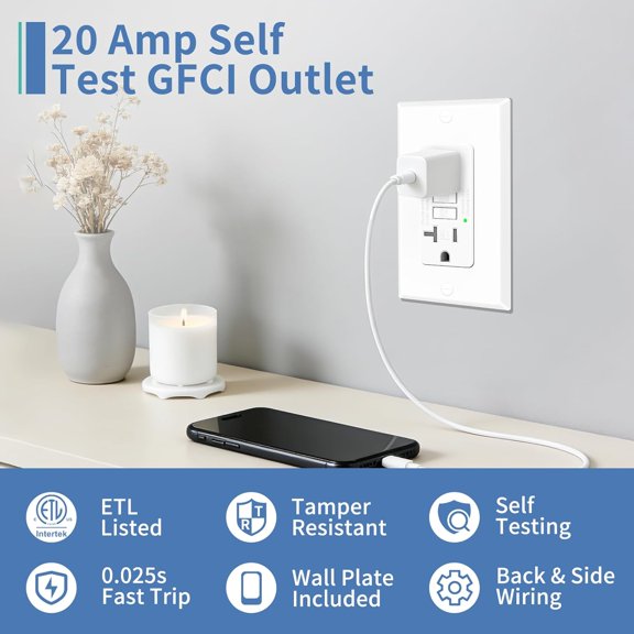 LYUSCI-20 Amp GFCI Outlet, Self-Test Ground Fault Protector with LED Indicator, Tamper Resistant GFI Electrical Receptacle, ETL Certified, Wallplate Included (2 Pack, White)