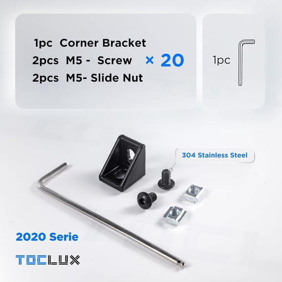 LYUSCI-20 Sets Black 2020 Corner Bracket Kit for 2020 & 2040 Aluminum Extrusion Rail - Brackets, M5 Sliding T-Nuts & Hex Screws, Ball-End Hex Wrench for 20 Series 6mm T Slot Extruded Aluminum Hardw