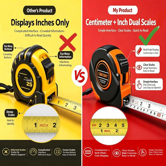 LYUSCI-25FT Tape Measure, Inch & CM Dual Scale Self-Locking Heavy Duty Steel Measuring Tape, Easy to Read Markings, Professional Measuring Tool for Engineers, Construction Workers & Decorators (Red)