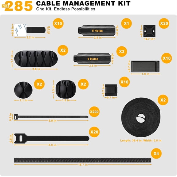 LYUSCI-285 PCS Cable Management Kit - 4 Cable Sleeve Split, 50 Adhesive Cable Clips, 9 Cable Holder, 2 Roll Cable Organizer Straps, 200 Cable Zip Ties with 20 Mounts, for Computer TV Under Desk - Bla