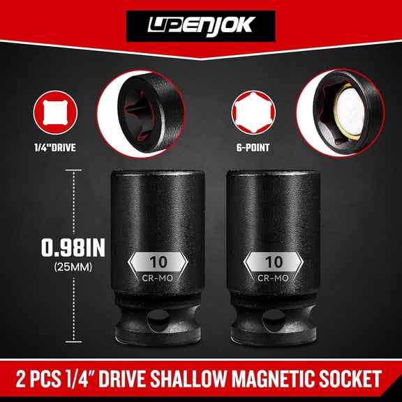 LYUSCI-2PCS 1/4" Drive 10mm Magnetic Impact Socket Set, Shallow, CR-MO Steel, 6-Point