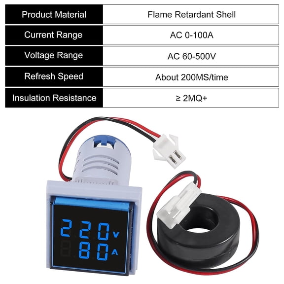 LYUSCI-2PCS 60-500V 0-100A AC Digital Ammeter Voltmeter, 22mm Square Digital Tube Screen with Transformer, LED Display Voltage Detector Current Tester Gauge(Blue)