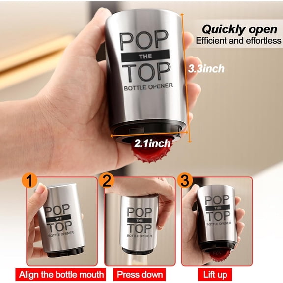 LYUSCI-2PCS Beer Bottle Opener with Magnetic Cap, Automatic Stainless Steel One-Handed Bottle Cap Opener, Spring Loaded Push&Pop for Kitchen Home Bar Restaurant Household Utensils Destapador de Cerve