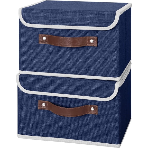 LYUSCI-2PCS Storage Bins with Lid PU Leather Handles Storage Boxes PP Plastic Board Decorative Foldable Lidded Cotton Linen Fabric Home Cubes Baskets Closet Organizer Containers - Blue, Small Size
