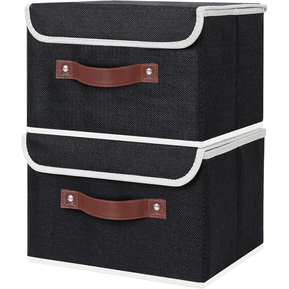LYUSCI-2PCS Storage Bins with Lid PU Leather Handles Storage Boxes PP Plastic Board Decorative Foldable Lidded Cotton Linen Fabric Home Cubes Baskets Closet Organizer Containers - Black, Small Size