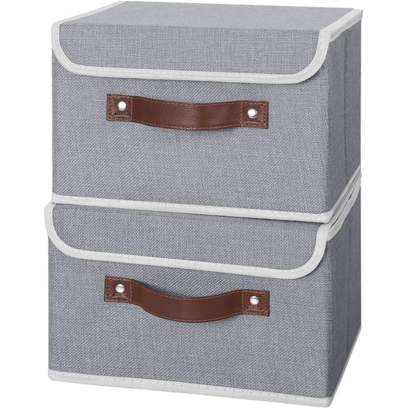 LYUSCI-2PCS Storage Bins with Lid PU Leather Handles Storage Boxes PP Plastic Board Decorative Foldable Lidded Cotton Linen Fabric Home Cubes Baskets Closet Organizer Containers - Gray, Small Size