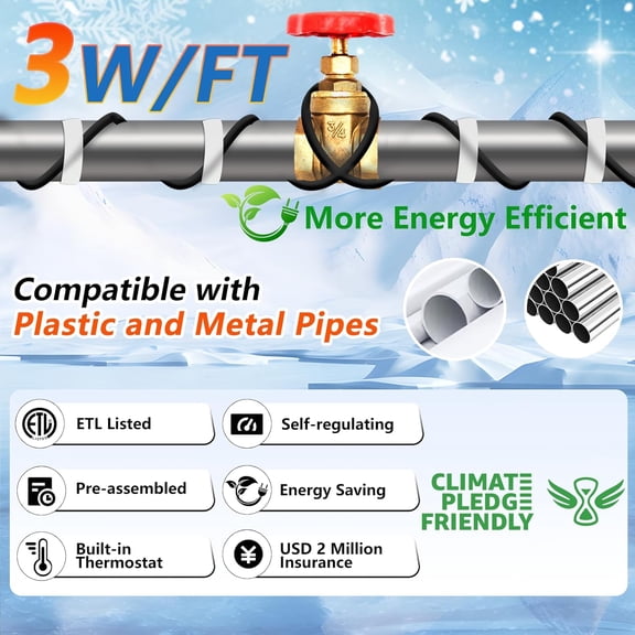 LYUSCI-2ft Self-Regulating Pipe Heating Cable for Pipe Freeze Protection, Automatic with Built-in Thermostat for Metal And Plastic Home Pipes, Energy-Saving Heat Tape for Pipes ETL Listed, 120V 3W/FT