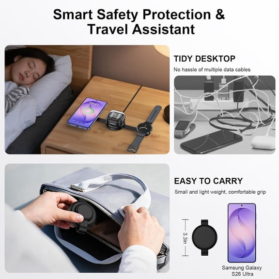 LYUSCI-3 in 1 Wireless Charging Station Samsung, Foldable Wire Less Charging Pad for Samsung S26 S25 Ultra S24, Fast Charging Station Galaxy Watch8/7 Galaxy Buds4, Travel Charger for Samsung Multi De