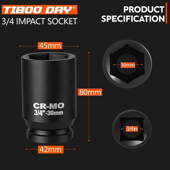 LYUSCI-3/4" Drive 30mm Impact Socket Metric Deep Impact Socket Blackening Finish 6 Point Square Socket made with CR-MO Body for Auto Repair Mechanical Maintenance Removal of Axle Nut, 80mm Length