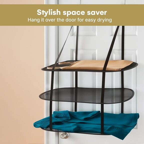 LYUSCI-3 Tier Over The Door Folding Drying Rack |for Clothing, Sweater, Garment, and Room Organization| Dryer Racks for Laundry Perfect for Small Spaces, Apartments, Dorm Rooms, and Bathrooms|Black